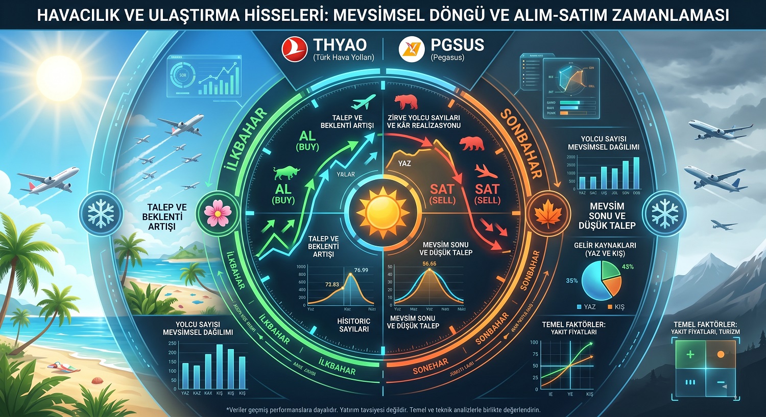 Havacılık ve ulaştırma sektörü hisselerinin (THYAO, PGSUS) mevsimsel (yaz sezonu) döngülerine göre alım-satım zamanlaması